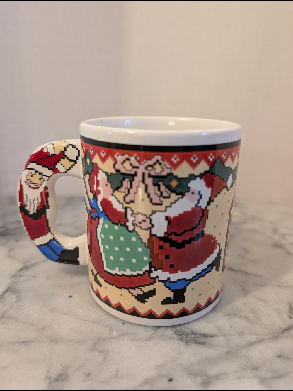 Vintage Retro Pixel Santa Claus Figural Handle Christmas Holiday Mug
